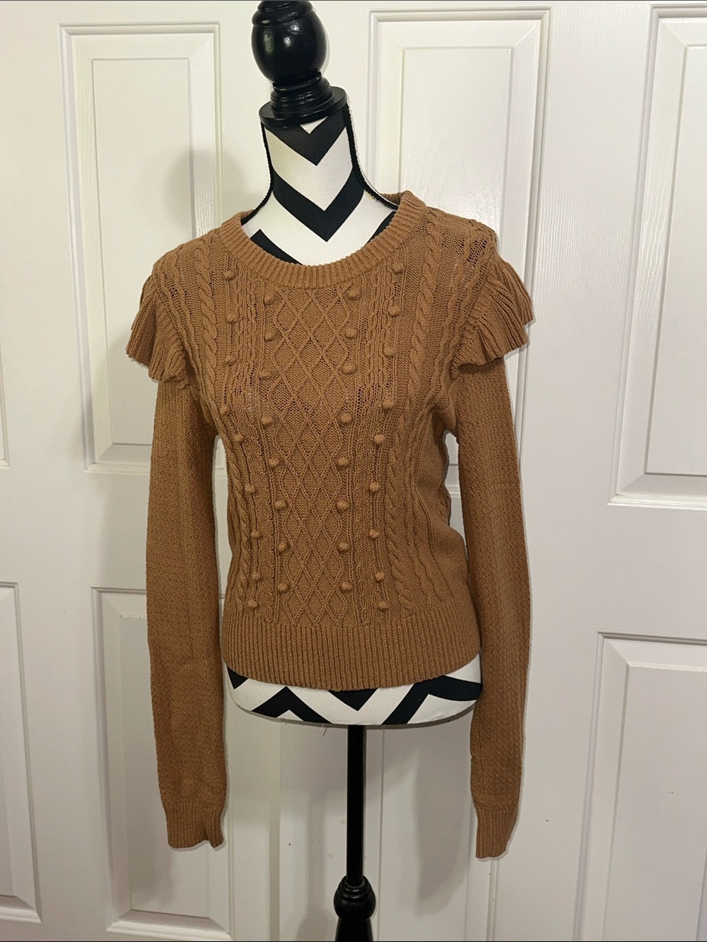 Veronica Beard Camel Cable-Knit Pom-Pom Crew Sweater